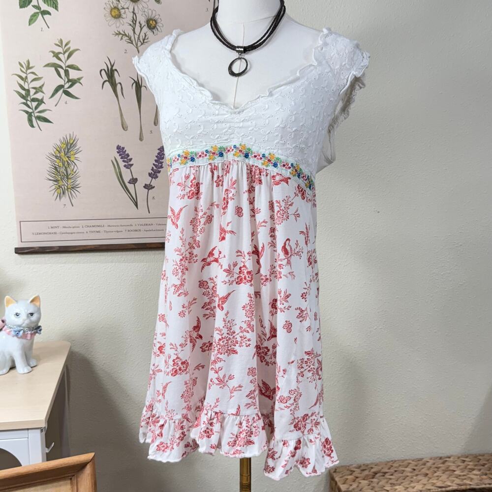 Y2k Eyelet Floral Bird Babydoll Top Prairie Cottagecore Coastal Granddaughter S